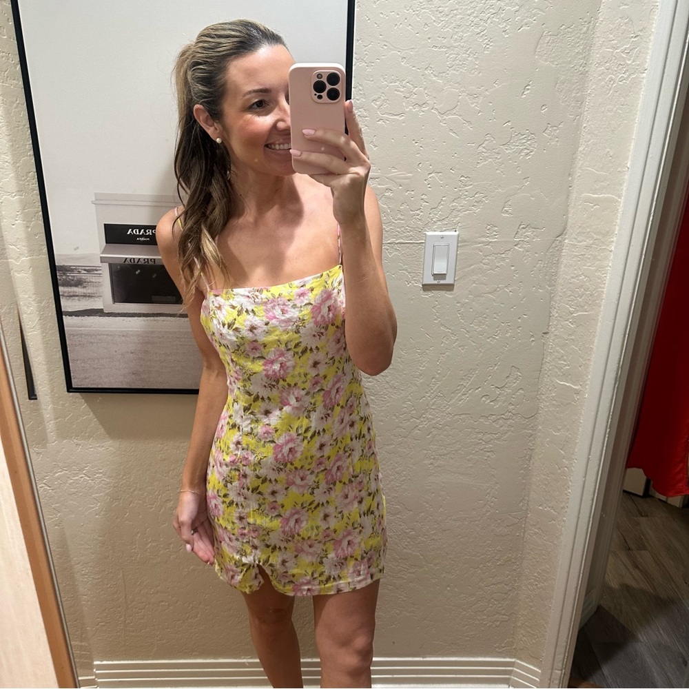 Lush Yellow Floral Mini Dress with Pink & White Blooms